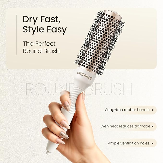 AIMIKE NaturaVol Round Brush for Blow Out, Small Round Hair Brush for Short Hair, Nano Thermal Ceramic Tech Hairbrush for Blow Drying & Curling, with 2 Clips (1.3 Inch Barrel, 2.1 Inch Bristle)