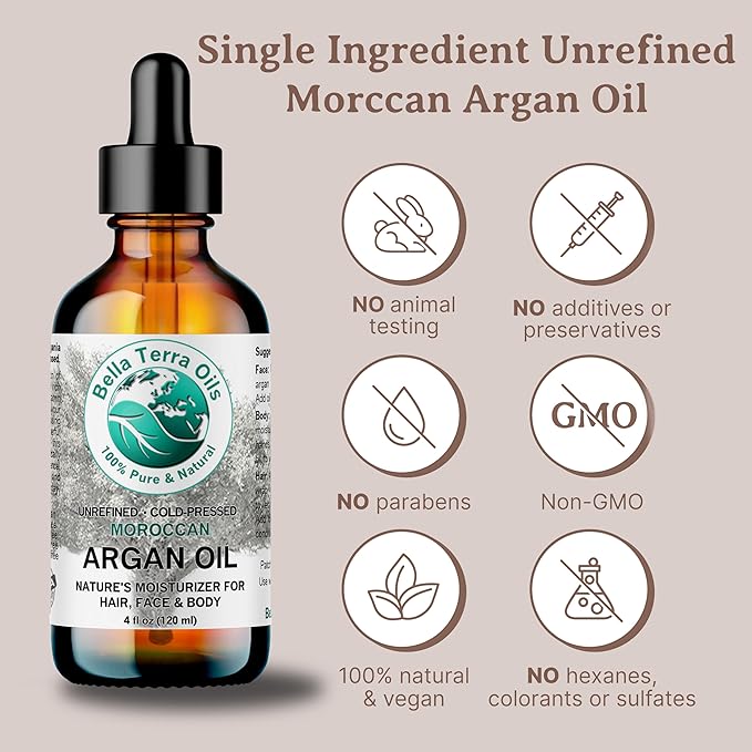 Bella Terra Oils - Argan Oil 4 oz - Embrace Silky Hair with Argan Oil for Hair, Harvested Pure, Enriched with Natural Antioxidants & Essential Minerals