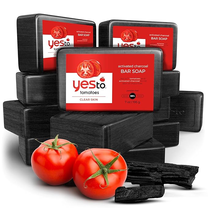 Yes To Tomatoes Charcoal Bar Soap with Tomato Extracts & Sunflower Seed Oil - Detoxifying Face & Body Soap for Men, Women, and Teens, 6 oz - Paraben-Free