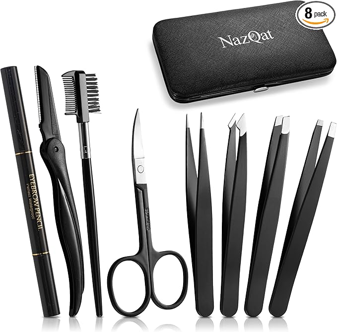 Eyebrow Trimmer 8-Pack - Eyebrow Tweezers Set - Eyebrow Shaping Kit for Women & Men With Razor, Brush With Comb, Pencil, and Scissors in Padded Case