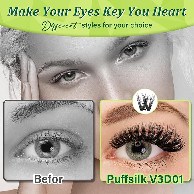 KEYYOU Lash Extension Kit 3D Effect Volume Lash Clusters Kit 144pcs D Curl Waterproof Kit DIY Eyelash Extension Kit with Bond and Seal Lashes Glue Remover Applicators (Kit-PuffSilk V3D01-8-18MIX)