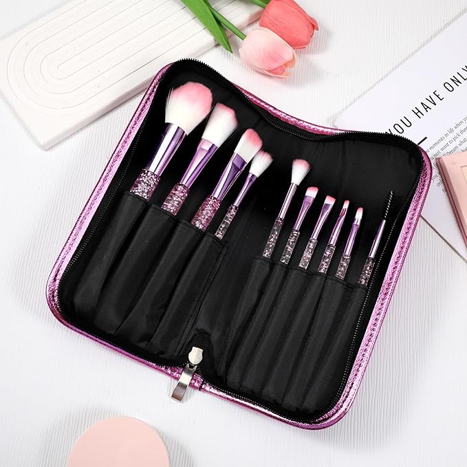 Glitter Crystal Makeup Brush Set, 10 Pcs Cute Makeup Brushes with Exquisite Storage Gift Box Bling Concealer Eye Shadow Eyeliner Blush Lip Blending Synthetic Brush Tools Kit Make up Brushes for Women