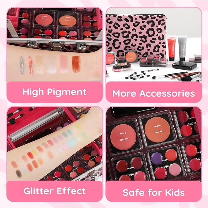Anpro All-In-One Leopord Double Folding Makeup Kit with Case, Pro Teen Makeup Set, Full Starter Kit with Makeup Brushes, Lipsticks, Eyeshadow Palette, Blushes, Glitter Gel, Ideal Present for Girls