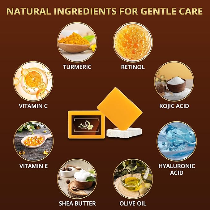 Live Healthy Kojic Acid Soap - Skin Brightening and Lightening for a Radiant Complexion - Natural, Gentle, Turmeric Soap Bar for Dark Spots, Uneven Skin Tone & Acne Scars - 2 Pack + Holder & Net