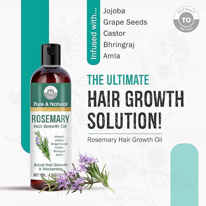 Rosemary Hair Growth Oil - 4 floz/118ml - For Hair Fall Control and Nourishment - Made With Castor, Jojoba, Grape Seed, Almond, Amla and Bhringraj Oils