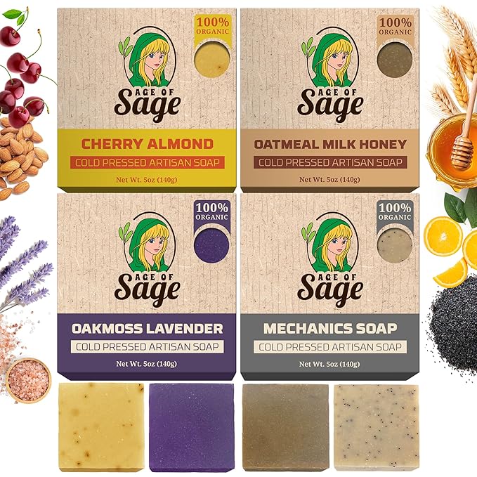 Moisturizing Cold Process Artisan Natural Bar Soap Gift Set for Women - 4pk Honey & Him Scent: Cherry Almond, Oatmeal Milk Honey, Oakmoss Lavender, & Mechanics Soap