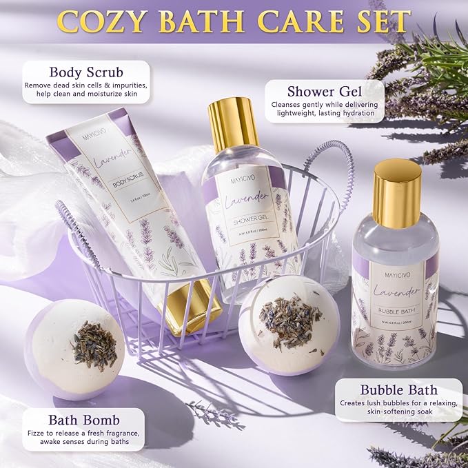 Birthday Gifts for Women, Lavender Relaxing Spa Gift Baskets for Women Self Care Package Bath Gift Set, Home Bath and Body Kit Pamper Valentines Day Gifts for Her Womens Mom Friends Wife Girlfriend
