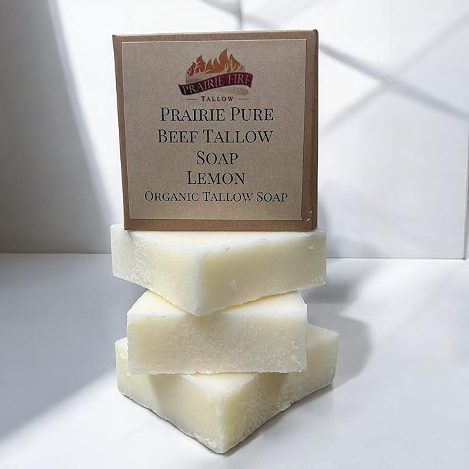 Pure Beef Tallow Soap Bar, (3 Pack) Grass Fed and Finished - Face, Body and Hair - Cleans, Moisturizes, Soothes, and Hydrates. Natural and Organic Lemon