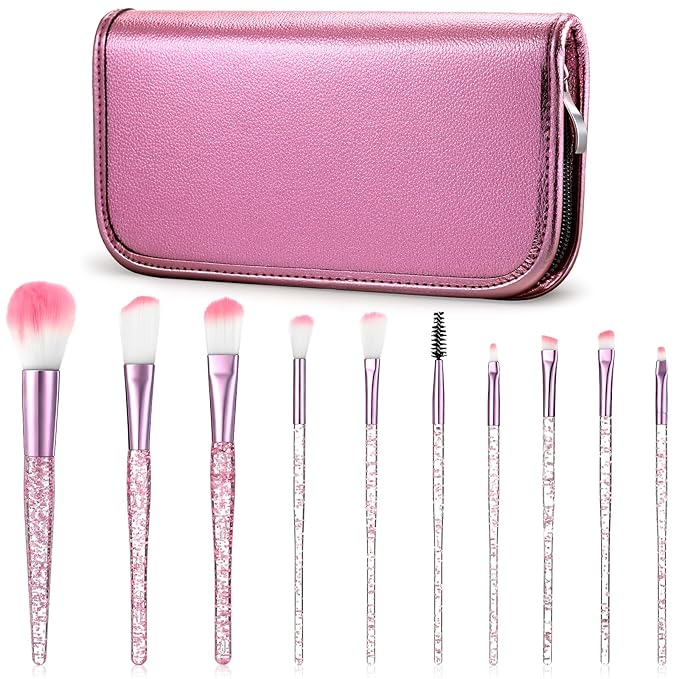 Glitter Crystal Makeup Brush Set, 10 Pcs Cute Makeup Brushes with Exquisite Storage Gift Box Bling Concealer Eye Shadow Eyeliner Blush Lip Blending Synthetic Brush Tools Kit Make up Brushes for Women