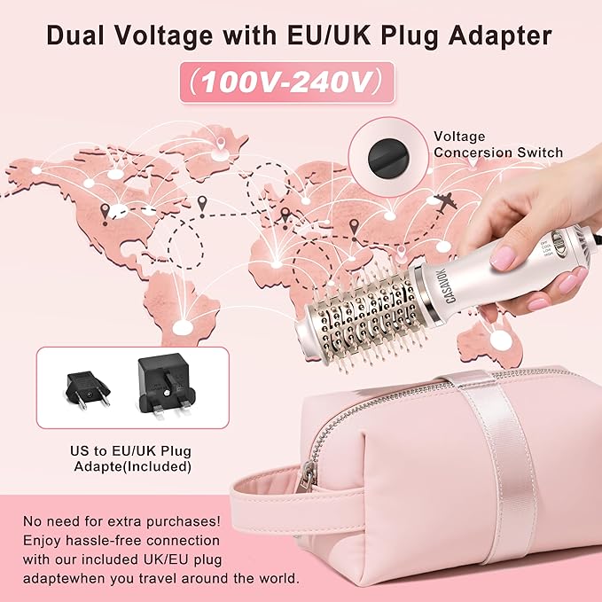 Dual Voltage Hair Dryer Brush for Travel,4 in 1 Blow Dryer Brush,2 Inch Mini Hot Air Brush for Short Hair,Volumizer,110-240V Dual Voltage with European Plug Adapter,OvalBrushBlowDryer for Women(Pink)