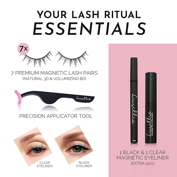Luxillia Magnetic Eyeliner & Lashes Kit 10 Piece Set (Clear & Black) – Natural Effect, Reusable Fake Lashes, Strong Hold, No Glue Required