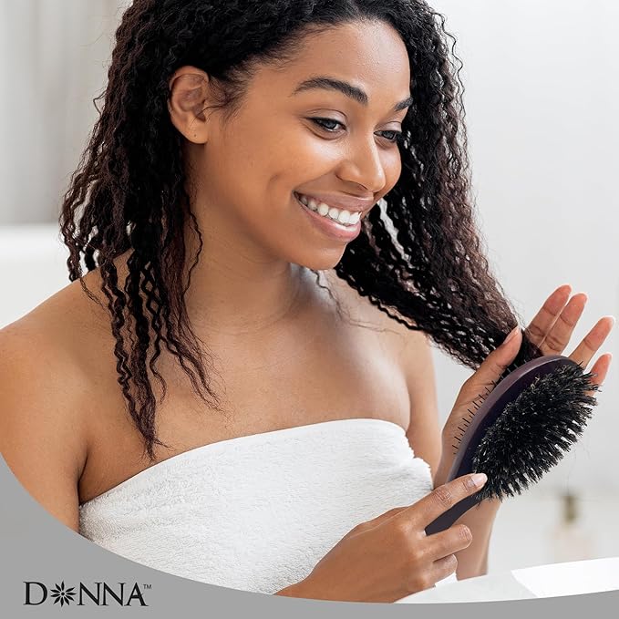 Donna Double Sided Styling Brush for Women - 100% Boar Bristles, Cushioned Wooden Detangling Brush for Wet Hair