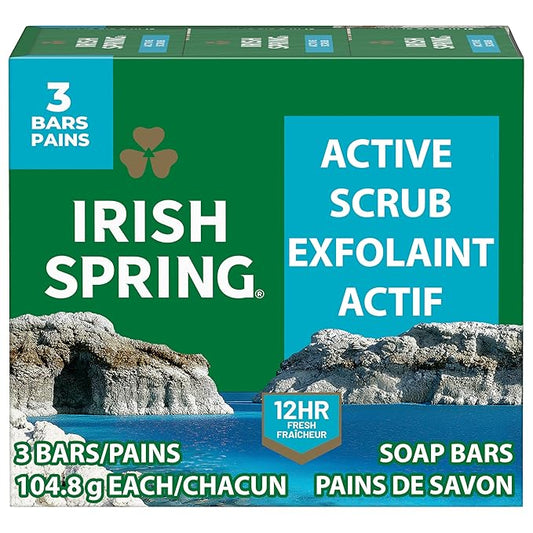 Irish Spring Active Scrub Mens Bar Soap, Men's Exfoliating Bar Soap, Smell Fresh and Clean for 12 Hours, Men Soap Bars for Washing Hands and Body, Recyclable Carton, 24 Pack, 3.7 Oz Soap Bars