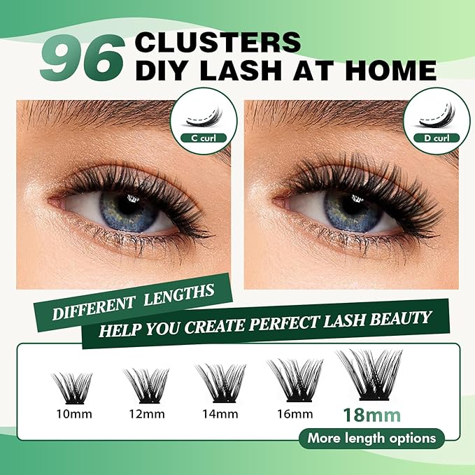 Lash Clusters,96 Pcs Cluster Lashes Y07 D Curl 10-18MIX DIY Lash Extensions Eyelash Clusters,KEYYOU Volume Wispy Individual Lashes Soft&Comfortable Easy DIY at Home(Y07,D-10-18MIX)