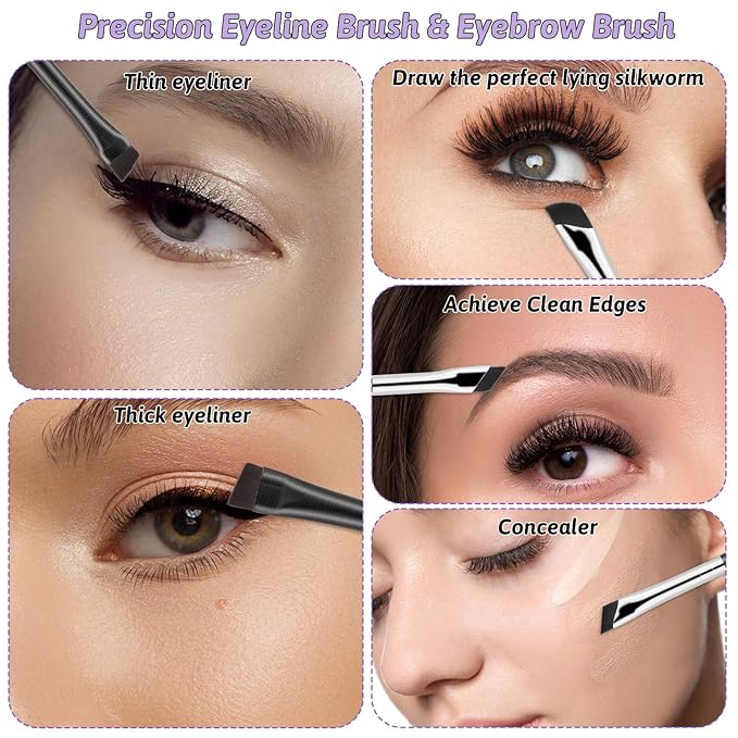 10Pcs Eyeshadow Brush Set, Professional Eye Makeup Brushes Kit with Angled Eyeliner Brushes, Eyes Applicator Tools, Eyeshadow Tool, Highlighter Brush, Flat Eyebrow Tool for Precision Eye Makeup