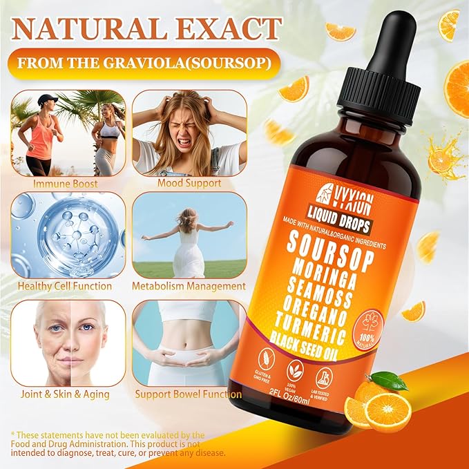 Soursop Bitters Liquid Drops 10 in 1 with Sea Moss, Moringa, Turmeric, Black Seed Oil, Oregano, Ashwagandha | Herbal Extracts for Overall Health-Enhancing | Vegan, Non-GMO | 2 Fl Oz (Orange flavor)