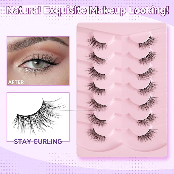 Half Eyelashes Natural Look False Eyelashes Half Lashes Cat Eye 14mm Wispy Eyelashes with Thin Band 3D Volume False Lashes Soft Strip Lashes Pack C Curl Natural Eyelashes Fake Lashes 7 Pair EVENTILL