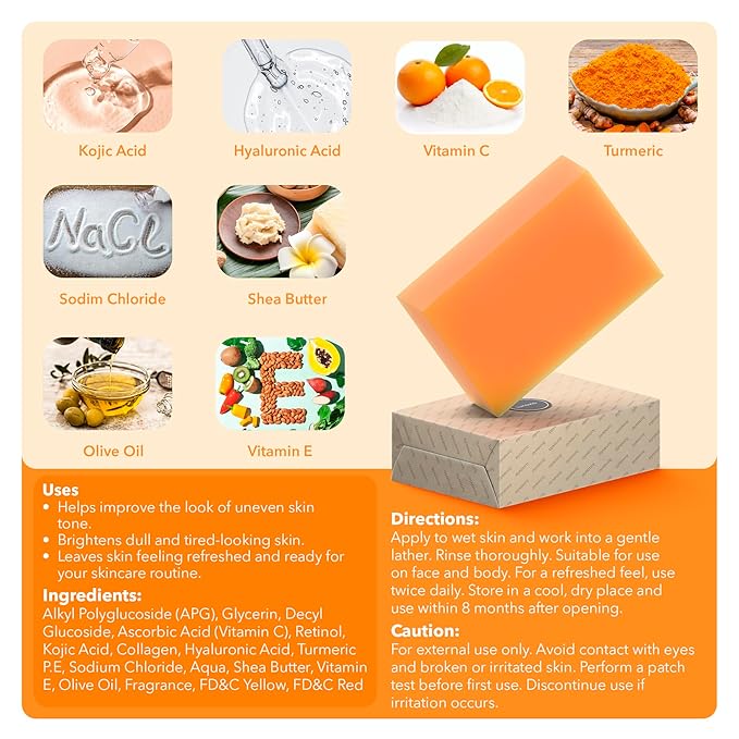 Kojic Acid Complexion Brightening Soap Bar with Vitamin C, Turmeric, Retinol, Collagen & Hyaluronic Acid – Brightening Face & Body Soap – Supports Brighter Skin, Even Skin Tone – 2 Pack