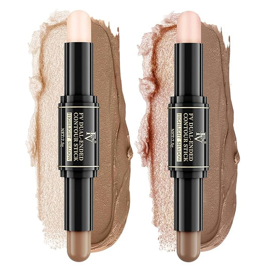 FV Dual-Ended Contour & Highlighter Stick - 2 Pack, Waterproof, Long-Lasting, Creamy & Blendable Formula, Natural Finish Sculpting Stick for Face & Body, Shades: 02 Light/Medium & 04 Natural Medium