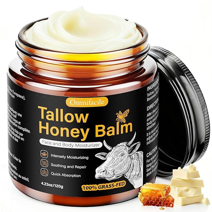 Beef Tallow Honey Balm for Skin,Face,Body - Handmade Whipped Cream Face Moisturizer with 100% Grass-Fed Beef Tallow & Raw Honey,Narural Organic Body lotion for Men&Women,Unscented,4.23OZ