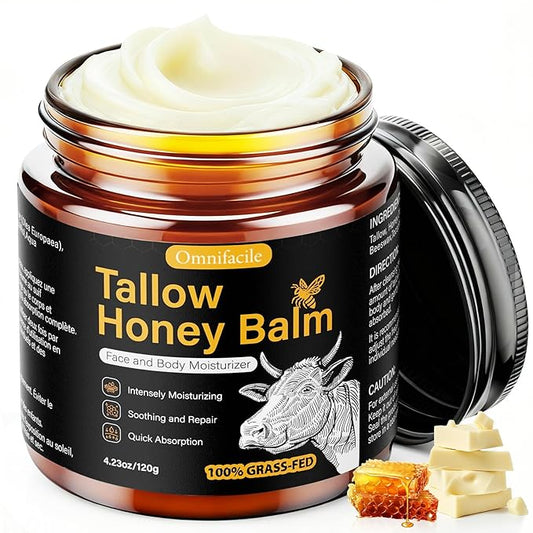 Beef Tallow Honey Balm for Skin,Face,Body - Handmade Whipped Cream Face Moisturizer with 100% Grass-Fed Beef Tallow & Raw Honey,Narural Organic Body lotion for Men&Women,Unscented,4.23OZ