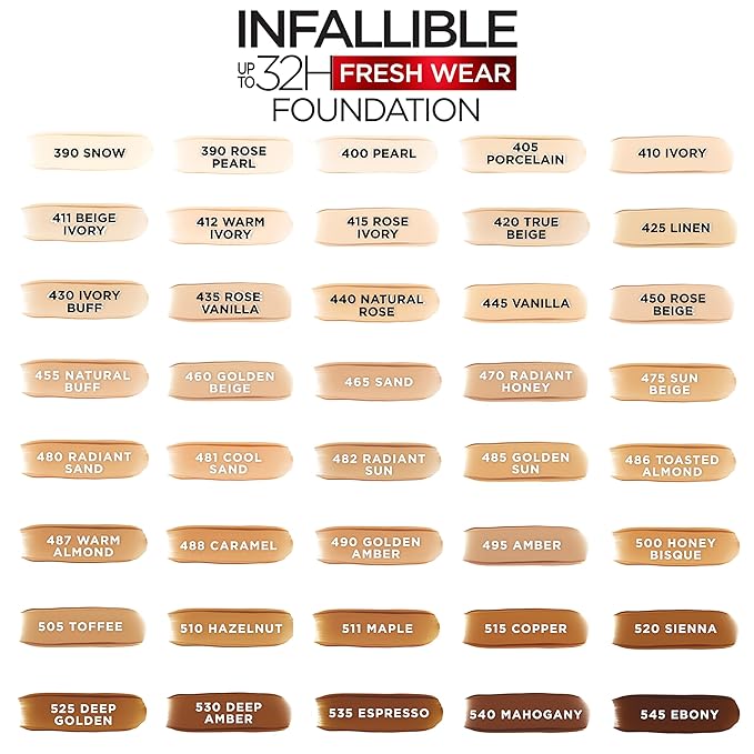 L'Oreal Paris Makeup Infallible Up to 32 Hour Fresh Wear Lightweight Foundation, 495 Amber, 1 Fl Oz, Packaging May Vary