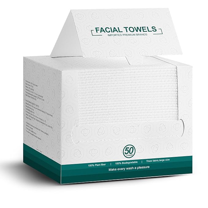 Disposable Face Towels,Extra Thick Soft Clean Facial Towels,Super Absorbent,Biodegradable Dry Wipes,Cruelty-Free Facial Washcloth for Sensitive Skin,Travel,Makeup Remover,50 Count,7.9"×12"