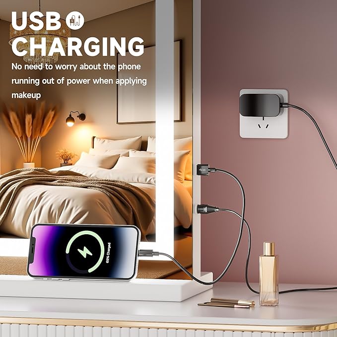 Vanity Mirror with Lights, 40" x 29" LED Makeup Mirror with 10X Magnification, Dimmable 3 Modes, Memory Function, Smart Touch, USB Charging Port, Lighted Makeup Mirror Square White