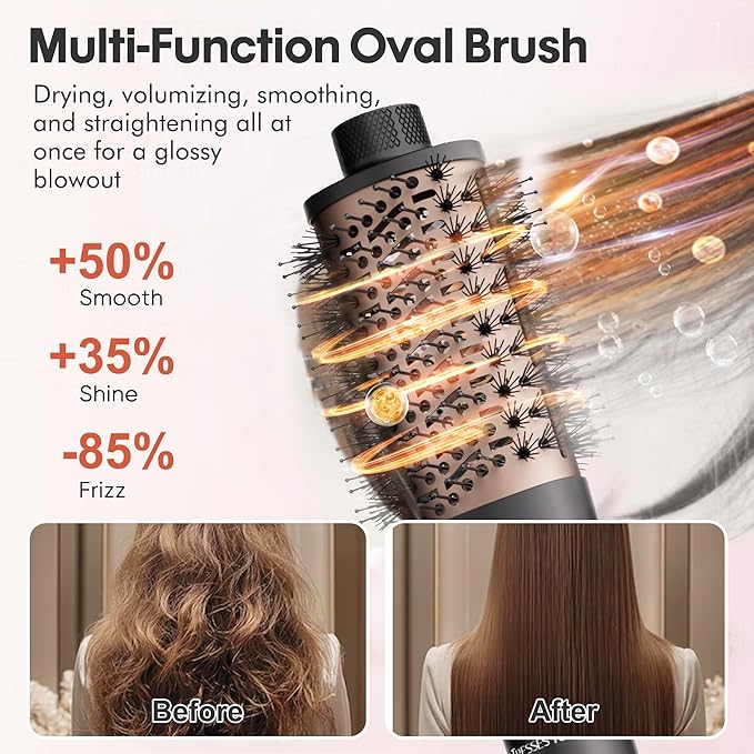 6 in 1 Blow Dryer Brush Set, Powerful Hair Dryer Brush with Auto-Winding Curl L/R, Fast Drying, Smooth Blowouts, Root-Lift Volume, No Heat Damage Frizz-Free Thermal Brush, Hot Air Styler for Travel