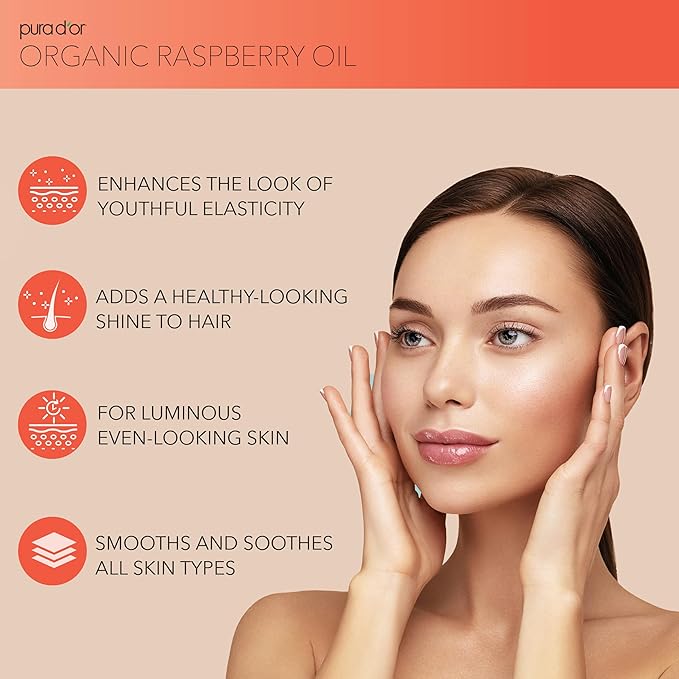 PURA D'OR 3.38 Oz ORGANIC Raspberry Seed Oil - 100% Pure USDA Certified, Cold Pressed Unrefined, Hexane-Free, Premium Grade - Sun Protection For Skin, Body & Hair