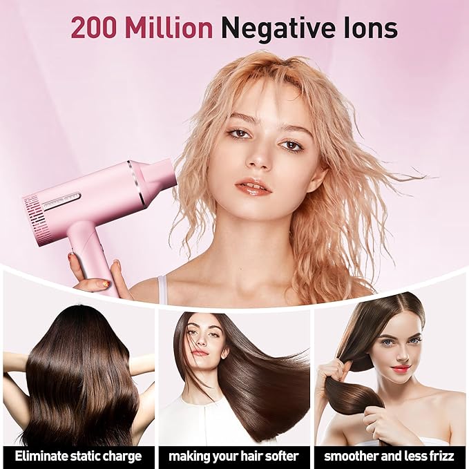 Hair Dryer, High-Speed Ionic Blow Dryer, Powerful 1600 Watt Motor for Fast Drying and Straight & Wavy Hair, Foldable, Lightweight Hairdryer with with Magnetic Suction Nozzle for Home Salon Travel
