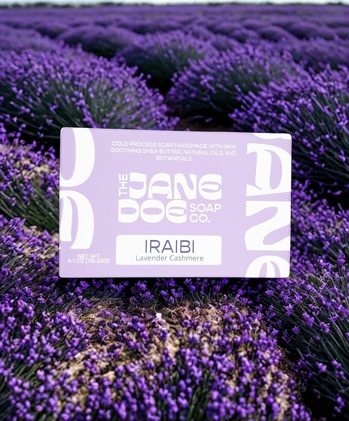 Natural Handmade Cold Process Bar Soap - Made with Olive oil, Coconut oil, Castor, Shea Butter, and French Clay-Plant Based, Non-drying, Moisturizing, Hand/Body Soap! 1 Bar (Iraibi Lavender Cashmere)