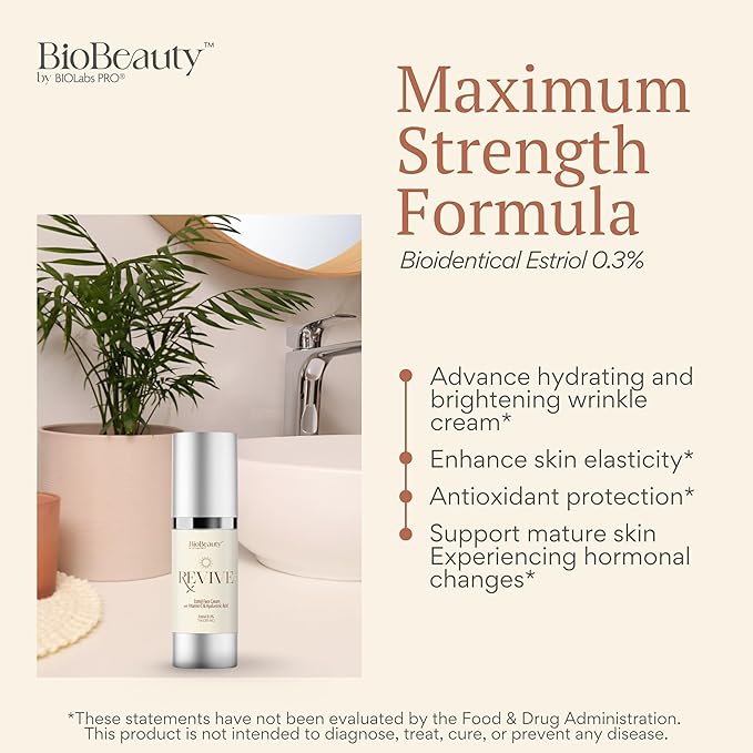 BIOBeauty Revive Day Cream – Bioidentical E3 .3% Face Cream with Vitamin C, Hyaluronic Acid, Niacinamide, Peptides & Green Tea – Maximum Strength Formula for Radiant, Firm, Balanced Skin (1oz)
