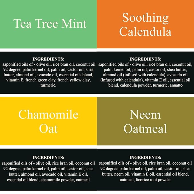 Traverse Bay Bath and Body Natural Cold Process Soap Itch Relief 4-Bar Variety Pack, Tea Tree Mint, Soothing Calendula, Chamomile Oat, Neem Oatmeal, 5.5 oz Each, 22+ oz Total