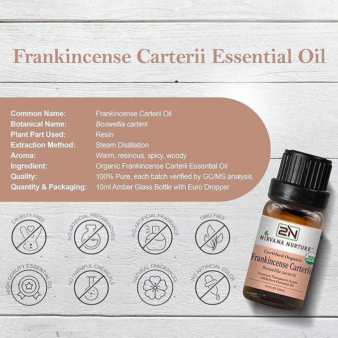 Frankincense Carterii Essential Oil USDA Certified Organic, 100% Pure Natural Premium Grade, Undiluted