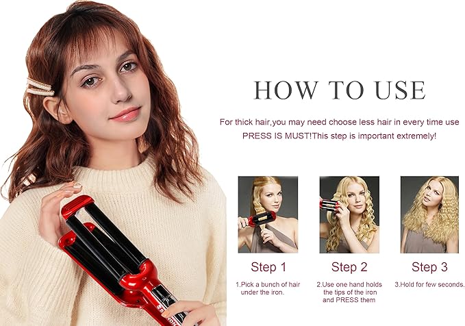 Mannice Ceramic Hair Iron, 3 Barrel Curling Iron 0.6 inch / 16mm Perm Instant Curls, Hair Crimper and Wavers, Red (8 inches), Ideal Gift for Valentine's Day or Mother's Day