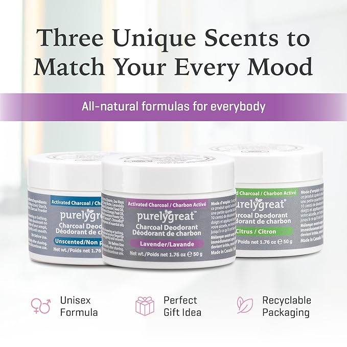 Purelygreat - Lavender Scented Charcoal Deodorant Cream, Chemical-Free Hygiene Essentials for Women, Natural Deodorant for Men Made with Activated Charcoal, Soda & Essential Oils, 1.76 oz / 50 g