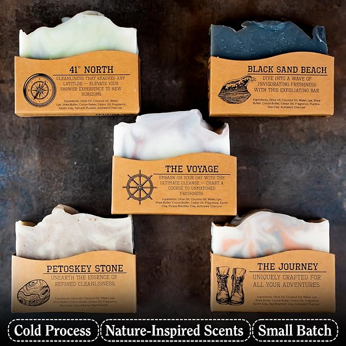 CompassSoap Natural Soap for Men | Skin-Friendly, Hand Made Soap Bar Gift Set | Best Exfoliating and Cleansing Bar Soap for Men | 5 Oz. Variety Pack of 5