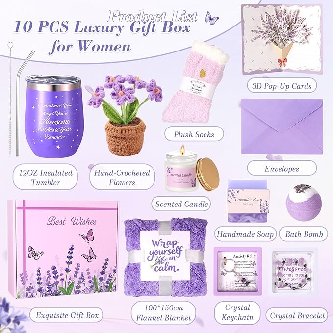 Valentines Day Gifts for Her Birthday Gifts for Women ,Self Care Get Well Soon Gifts Baskets Lavender Spa Kit Bath Set Gifts for Mom Girlfriend Wife Daughter Sister Best friend w/ Blanket
