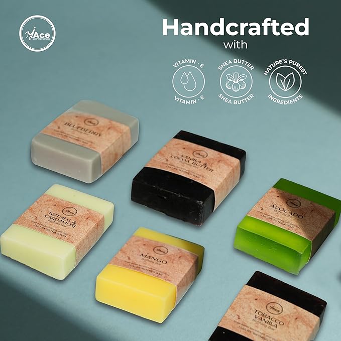 MY ACE Handmade Soap Set of 6 – Mango, Blueberry, Vanilla Cocoa Butter, Avocado, Nutmeg Cardamom, Tobacco Vanilla – SLES, Sulfate & Paraben-Free, Shea Butter & Vitamin E, 3.5oz Each