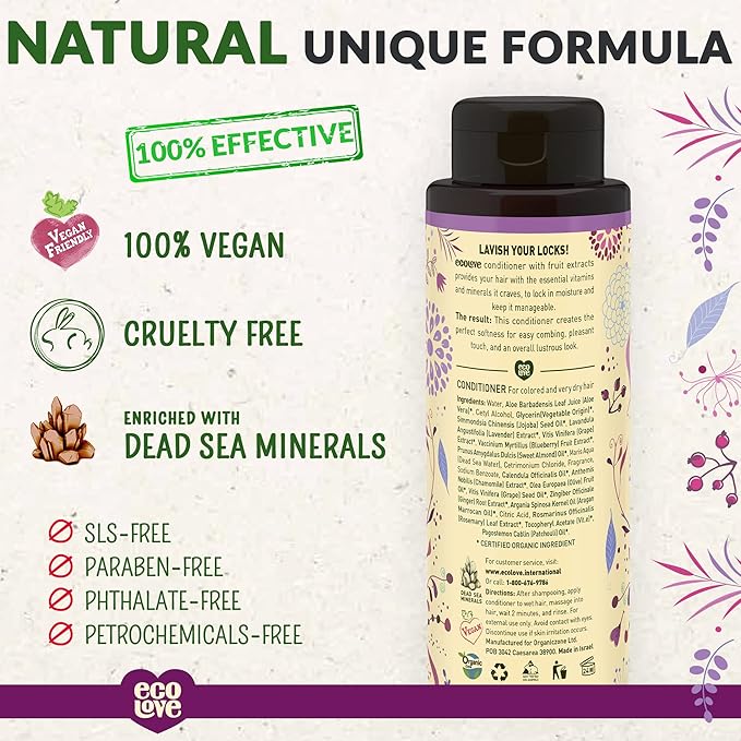 ecoLove - Natural Conditioner for Dry Damaged Hair and Color Treated Hair - With Natural Lavender Extract - No SLS or Parabens - Vegan and Cruelty-Free, 17.6 oz.