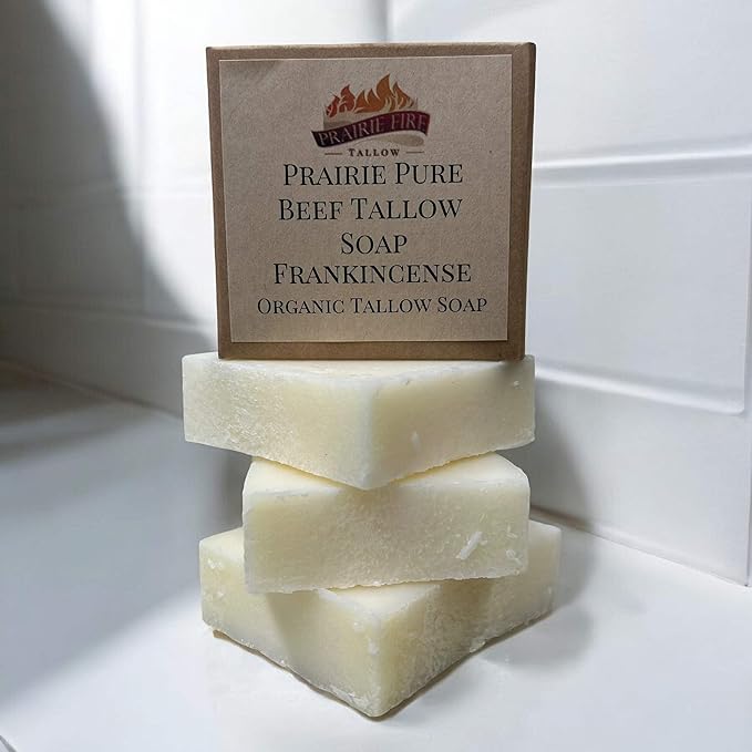 Pure Beef Tallow Soap Bar, (3 Pack) Grass Fed and Finished - Face, Body and Hair - Cleans, Moisturizes, Soothes, and Hydrates. Natural and Organic Frankincense