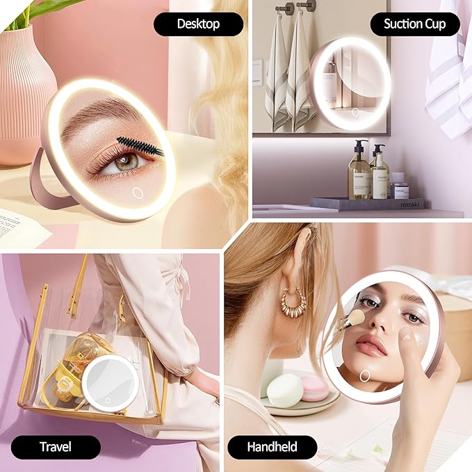 30X Magnifying Mirror Suction Cup, 6" Makeup Mirror with Lights, Rechargeable Travel Mirror with 3 Color Dimmable Lights for Precision Makeup, Fits Bathroom/Wall Suction/Hanging, Rosegold