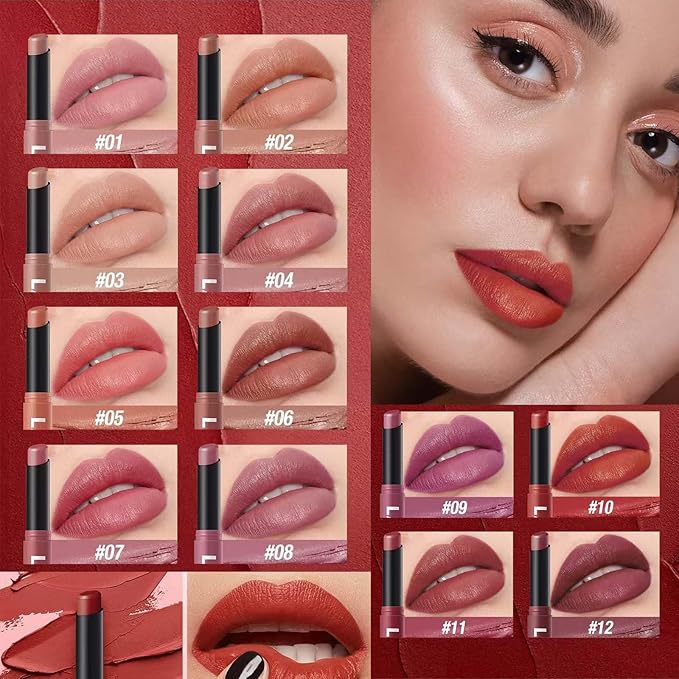 Dark Red Lipstick For Women Matte Highly Pigmented Lip stick Hypoallergenic Waterproof Long Lasting Lipsticks Quick Makeup Lightweight Portable # 12