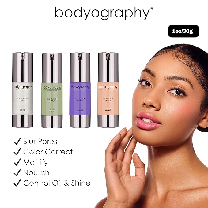BODYOGRAPHY - Foundation Primer (Purple): Flawless Anti-Aging Salon Makeup Primer w/Vitamin E, A, Jojoba, Grapeseed Oil | Control Shine | Gluten-Free, Cruelty-Free, 1 oz.
