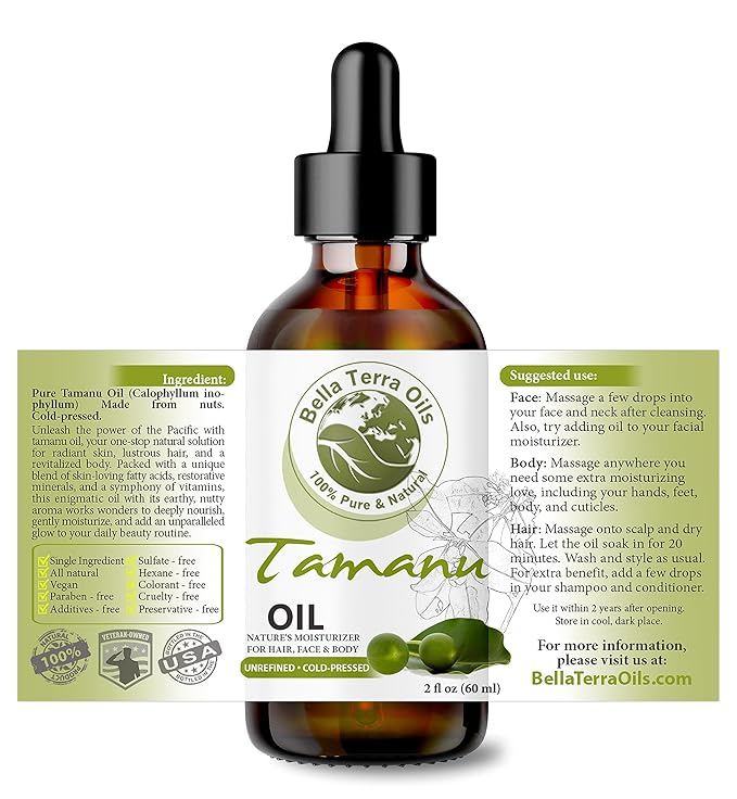 Bella Terra Oils - Organic Tamanu Oil 2oz - Celebrate Skin's Vitality, Naturally Rich in Fatty Acids & Vitamins, Distilled Essence from Pure Organic Tamanu Seeds