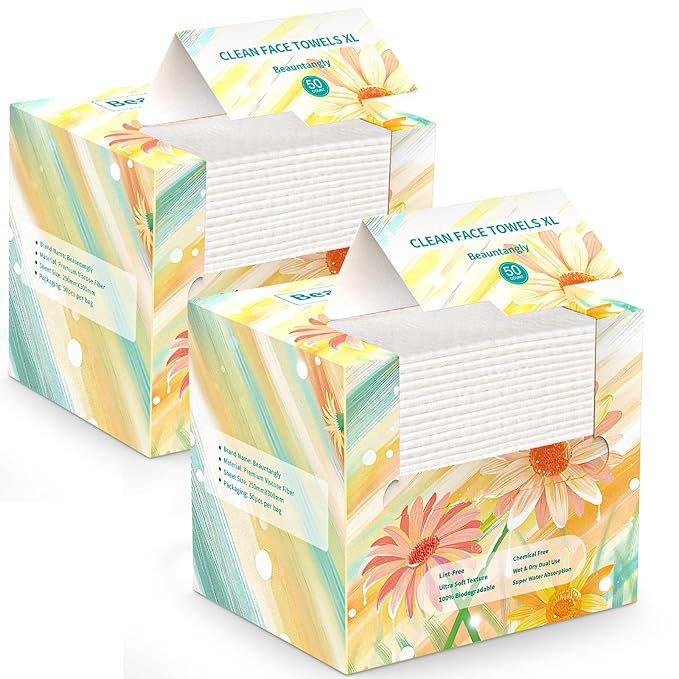 Disposable Face Towel, XL Facial Towelettes Soft Thick Absorbent, Lint-Free Biodegradable Makeup Remover Dry Wipes for Skin Care Washing Drying Nursing Camping Travel Essentials, 100 Ct