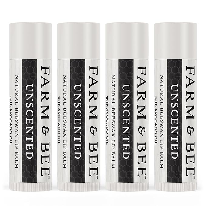 Natural Lip Balm - Organic & Natural Ingredients - Beeswax Based Moisturizing Lip Care Chapstick for Chapped Lips - Great Gift Idea - Farm & Bee - 0.15oz (Pack of 4 - Unscented)
