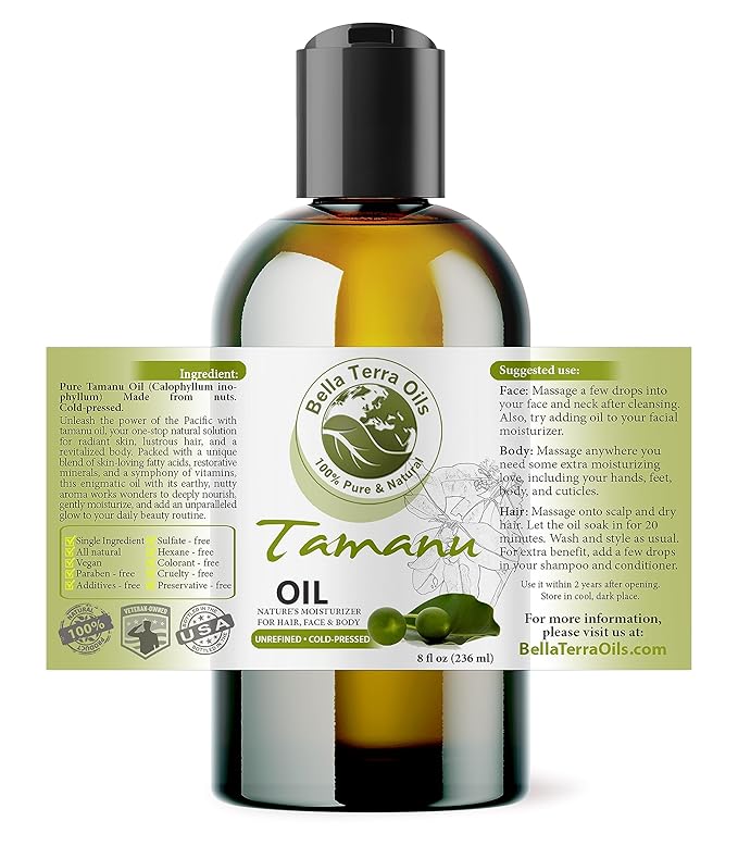 Bella Terra Oils - Organic Tamanu Oil 8 oz - Treasure Chest of Skin Nourishment, High in Vitamin E & Fatty Acids, Enhance Your Skin's Natural Glow