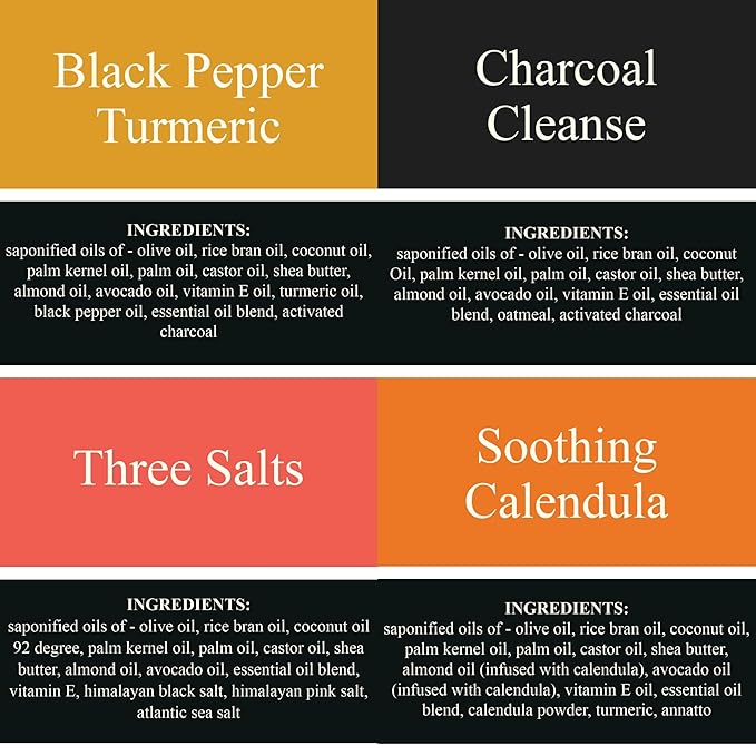Traverse Bay Bath and Body Natural Cold Process Soap Staff Favorites 4-Bar Variety Pack, Black Pepper Turmeric, Charcoal Cleanse, Three Salts, Soothing Calendula, 5.5 oz Each, 22+ oz Total
